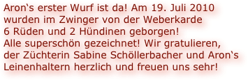 Aron‘s erster Wurf ist da! Am 19. Juli 2010  wurden im Zwinger von der Weberkarde  6 Rüden und 2 Hündinen geborgen!  Alle superschön gezeichnet! Wir gratulieren,  der Züchterin Sabine Schöllerbacher und Aron‘s Leinenhaltern herzlich und freuen uns sehr!